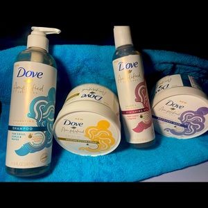 Dove Amplified shampoo, recovery mask, shaping butter cream, and finishing gel